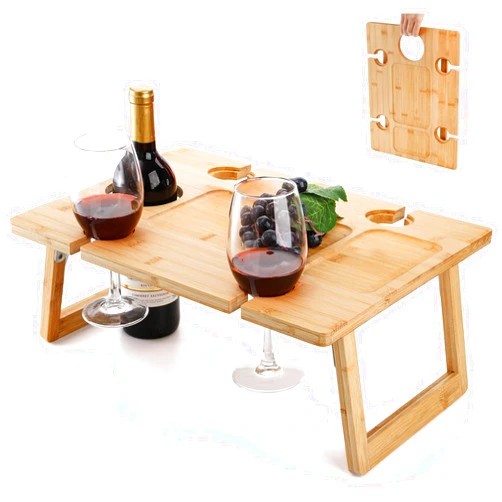Peohud Portable Wine Picnic Table, Foldable Champagne Picnic Snack Table Tray, Wooden Outdoor Picnic Table with Glass Holder for Park, Beach, Camping, Bed, Wine Lover Gift
