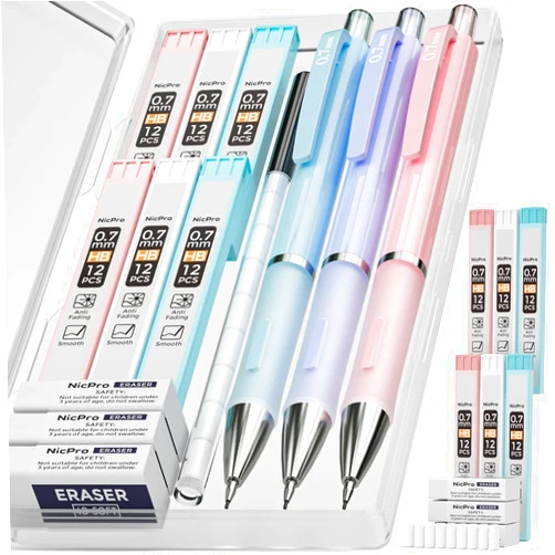Nicpro 3PCS Pastel Mechanical Pencil Set with Case, 0.7 mm Pencils with 6 Tube HB Lead Refill, 3PCS Eraser, 9PCS Eraser Refill for School Supplies Student Writing, Drafting Drawing Sketching