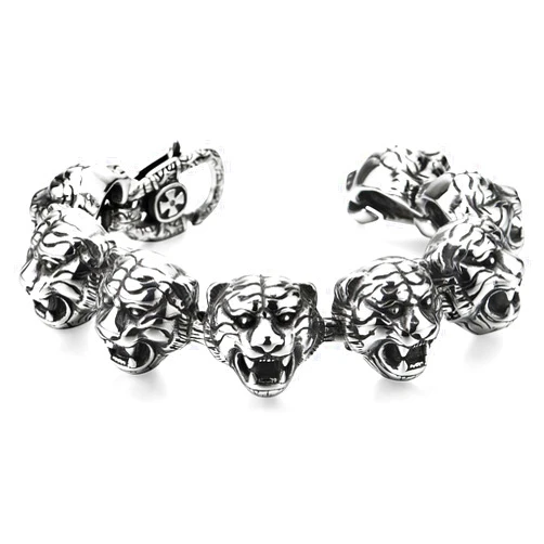 COOLSTEELANDBEYOND Stainless Steel Bracelet for Men, Large Link of Tiger Heads, Rock Punk Masculine Style, Silver Black Polished