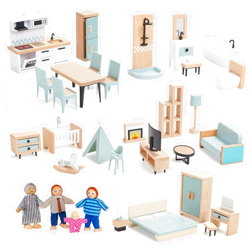 Giant bean 36pcs Wooden Dollhouse Furniture Set 5 Rooms with 4 Family Dolls, Wood and Plastic Blue Dollhouse Accessories, Pretend Play Furniture Toys Christmas Birthday Gift for Boys Girls & Kids Toddlers 3Y+