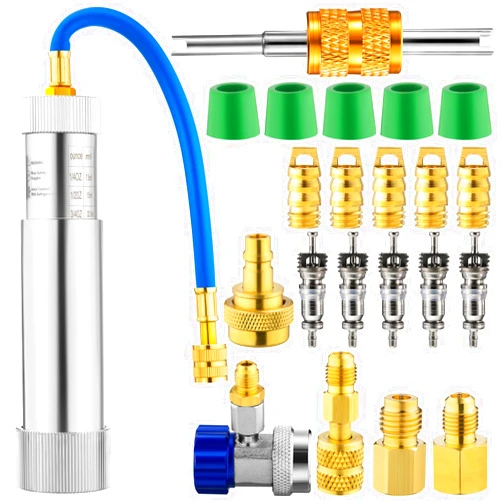 Glooglitter AC Oil Dye Injector Kit Includes A/C Oil and Dye Injector Backflow Prevent and R410A Mini Split Adapters Valve Core Remover Compatible withR134A R22 R12 R1234YF Refrigerant System