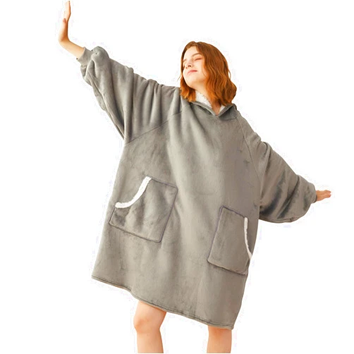 Aircliff Wearable Blanket Hoodie, Oversized Sherpa Sweatshirt Blanket with Hood Pocket and Sleeves, Cozy Soft Warm Plush Hooded Blanket for Adult Women Men Teens, One Size Fits All(Grey)