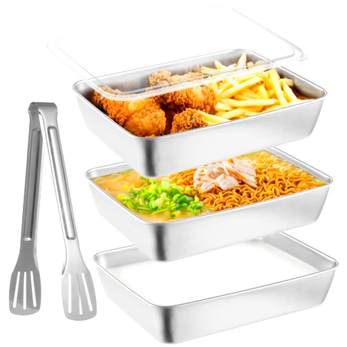 OMISTAR Breading Trays Set of 3, 10 x 8 x 2 Inches Large Stainless Steel Breading Pans for Cooking with Lids & Tong, Food Containers for Dredging Chicken Breasts and Marinating Meat, Food Prep Holders