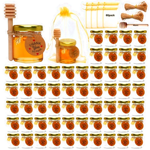 XING-RUIYANG 30 PACK 1.5 oz Mini Glass Honey Jar, Small Hexagonal Honey Jars with Wooden Dipper Gold Lid Bee Charms Gold Gift Bags and Rope for Baby Shower Wedding Party Favors