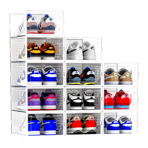 Seseno 12 Pack Shoe Organizer Storage Bins, Clear Plastic Stackable Shoe Boxes for Closet, Space Saving Foldable Shoe Storage Bins, Sneaker Storage Shoe Box Container, White Frame