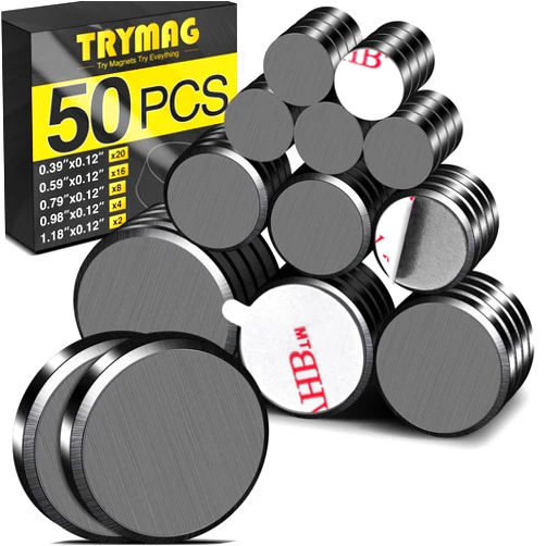 TRYMAG Small Magnets for Crafts with Adhesive Backing, 5 Different Size, 50Pcs Strong Round Circle Magnets Ceramic Industrial Magnets, Flat Ferrite Craft Magnets for Refrigerator, Button, Hobbies