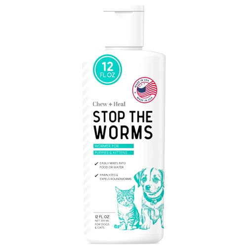 Chew + Heal Labs Dog and Cat Dewormer - 12 oz of Wormer Liquid to Paralyze and Expel Roundworms - Kitten and Puppy Dewormer