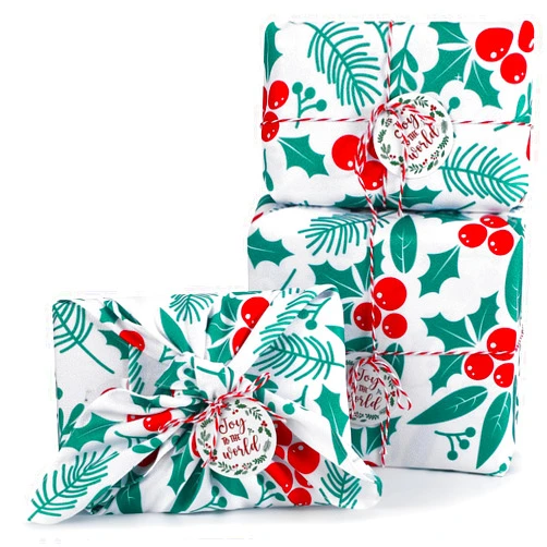 Preboun 3 Pcs 26'' Reusable Christmas Gift Wrap with Tags and Ropes Red Holly Green Foliage Reusable Fabric Gift Wrap Christmas Wrapping Cloth for Holiday Parties, Housewarming Gifts