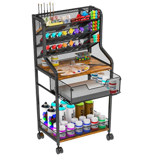 Jakyitvi Rolling Utility Cart with Drawer, Metal and Wood Craft Storage Cart with 6 Tiers & 18 Holes, Small Art Carts with Lockable Wheels, Store Brushes & Paints & Artifacts, for Drawing Room, Office
