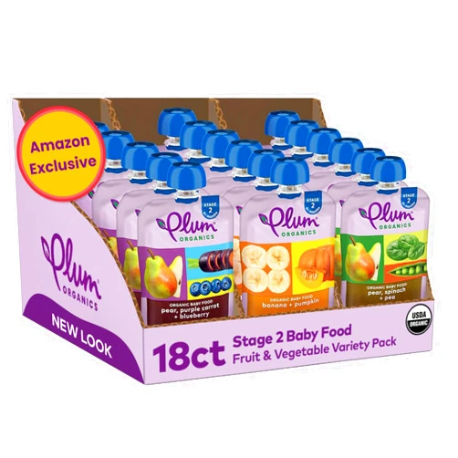 Plum Organics Stage 2 Organic Baby Food - Fruit and Veggie Variety Pack - 4 oz Pouch (Pack of 18) - Organic Fruit and Vegetable Baby Food Pouch