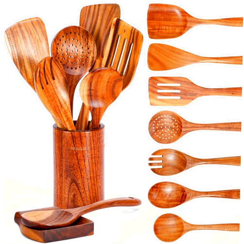 Mooues 9 Piece Natural Teak Wooden Kitchen Utensil Set with Spoon Rest - Comfort Grip Cooking Spoons and Utensils Holder