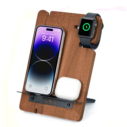 J JACKCUBE DESIGN Wood Charging Docking Station, Phone Watch Charge Dock Stand Multi Device Nightstand Organizer Holder for Smartphone Cellphone Accessories Bedside Caddy -MK243B