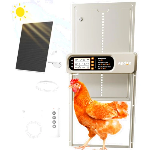 Apdoe Automatic Chicken Coop Door Solar Powered, Timer, Light Sensor, Remote Control, Large Size, Anti-Pinch, Waterproof, Aluminum Coop Door, 4 Auto Modes, Comfort Size Chicken Duck Turkey House Door