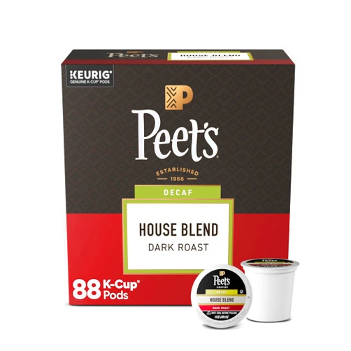 Peet's Coffee, Dark Roast Decaf Keurig K-Cup Pods, Decaffeinated Arabica Coffee - Decaf House Blend 88 Count (4 Boxes of 22 K-Cup Pods)