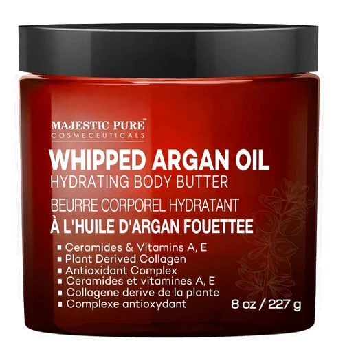 MAJESTIC PURE Whipped Argan Oil Body Butter for Women & Men - With Ceramides, Vitamin E & A & Vegan Collagen - For Skin, Face, & Appearance of Wrinkles & Fine Lines - 8oz