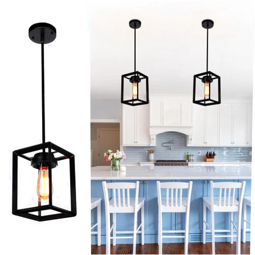 Rviezza 2 Pack Black Pendant Light Fixture Farmhouse Metal Cage Pendant Light with Clear Glass Shade, Rustic Lantern Hanging Light Fixtures for Kitchen Island, Entryway, Dining Room, Hallway