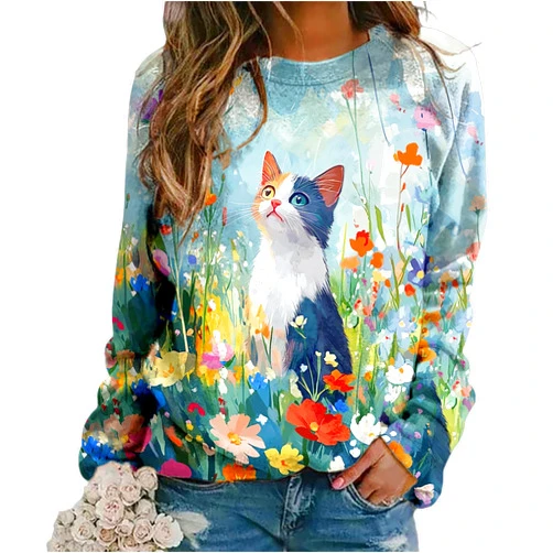 DMOYALA Cat Sweatshirt Women Cute Graphic Crew Neck Sweatshirts Casual Long Sleeve Lightweight Pullover Loose Shirts