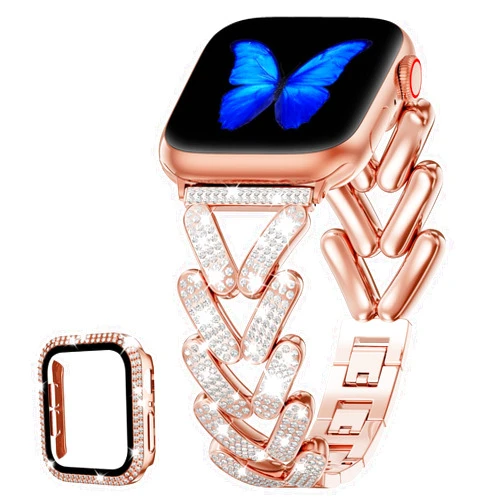 KOREDA Rose Gold Watch Bands for Women Compatible with Apple Watch Band 40mm 41mm 44mm Series 9/8/7/6/5/4/SE, Sparkle Jewelry Bling Diamonds Metal Bracelet Strap with Case for iWatch Bands