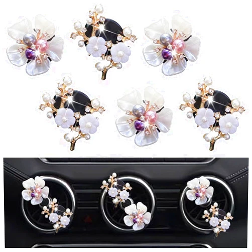 Cauaoa 6 Pcs White Shell Daisy Flower and Cherry Blossom Air Vent Clip Accessories Air Conditioning Outlet Clip Car Air Freshener Dashboard Accessories Charm Car Decor Cute Interior Accessories for Women
