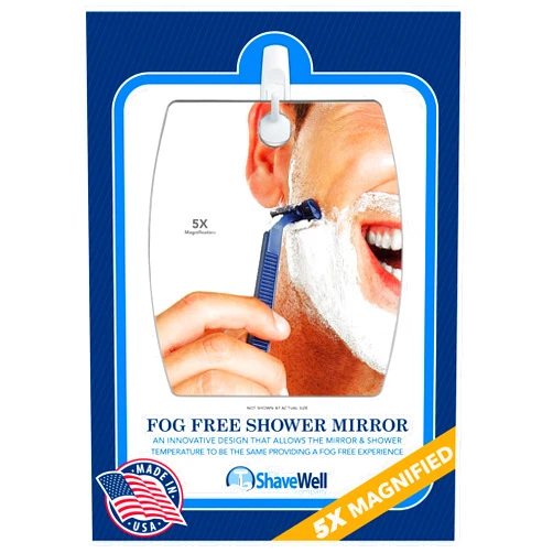 The Shave Well Company Shave Well Magnifying Anti-Fog Hanging Shower Mirror for Shaving | Curved Design for 5X Magnification | Light and Virtually Unbreakable | Includes Long-Lasting Removable Adhesive Hook