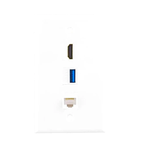 Halokny Wall Plate 3Port HDMI USB Cat6 RJ45 Outlet Wall Plate, 1 x HDMI Jack + 1 x Cat6 RJ45 Ethernet + 1 x USB 3.0 Jack Support Keystone Wall Plate for Face Plate, White