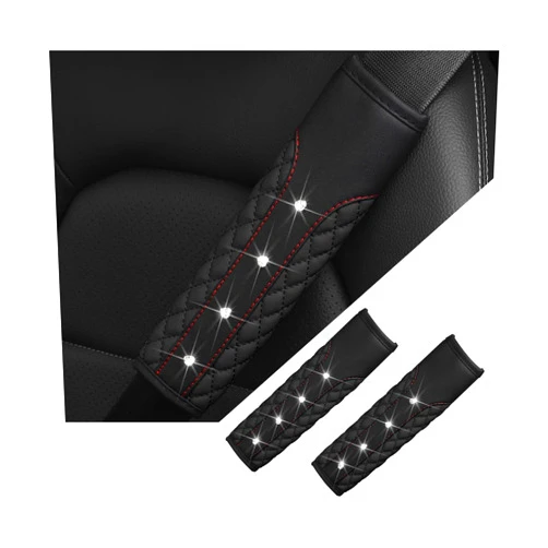 BELOMI 2PCS Bling Car Seat Belt Covers, Leather Vehicle Shoulder Pad Cushions, Sparkling Rhinestone Auto Seatbelt Strap Protective Covers for Women Girls, Universal for Most Cars（Black）
