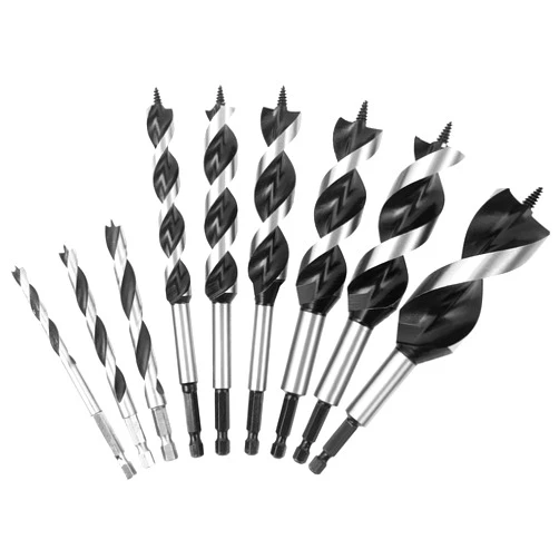 KENDO 9Pcs Auger Drill Bit for Wood Set, 2 Flute Impact Wood Drill Bit with Quick Change Hex Shank, Including 1/4