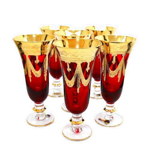 Interglass Italy Ruby Red Crystal Champagne Flutes Vintage Design 24K Gold Hand Decorated, 9 oz, Set of 6