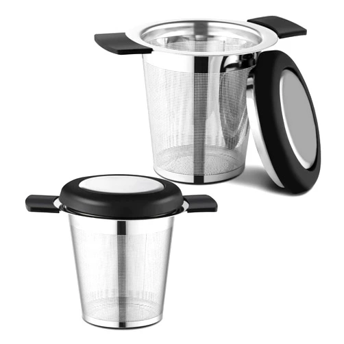 Prudiut 2 Pack Tea Strainers for Loose Tea Stainless Steel Tea Steeper Tea Infuser Fine Mesh Tea Diffuser with Large Capacity Tea Basket and Lid Fits for Cup