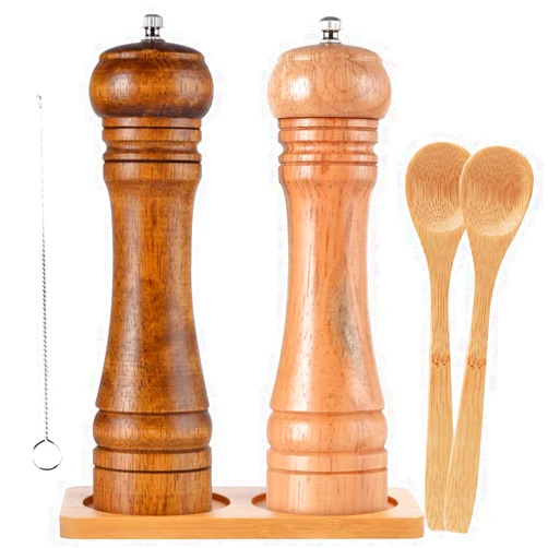 SZUAH Salt and Pepper Grinders, Oak Wooden Salt and Pepper Mills Shakers with Cleaning Brush & Wood Stand, Ceramic Rotor with Strong Adjustable Coarseness[Set of 2]