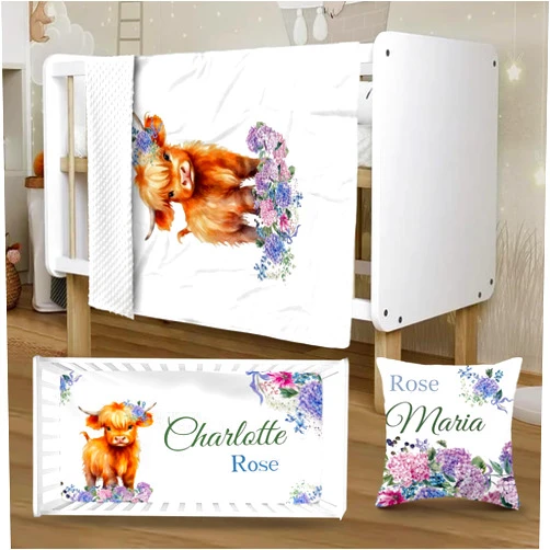 YISMEET Custom Crib Bedding Sets for Baby, Personalized Crib Cattle Set with Name, 3 Pcs Baby Animal Crib Sets for Boys and Girls, Infant Nursery Bedding Set