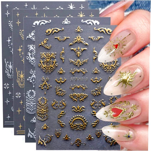 Dornail 8 Sheet 3D Sun Moon Nail Stickers - Gold, Silver, Stars & Bronzing Totem Nail Art Stickers - Self-Adhesive Nail Decals for Women