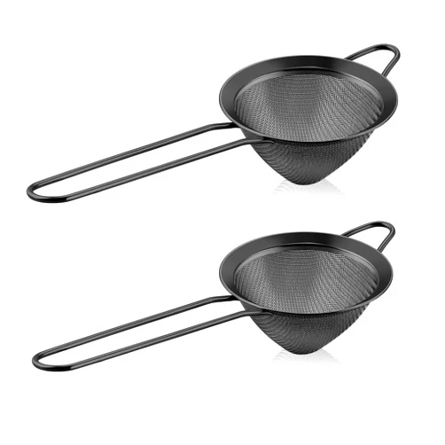 LIANYU Fine Mesh Strainer Set of 2, Stainless Steel Tea Sieve Strainer with Long Handle, 3.3 Inches Metal Conical Strainer for Straining Cocktail Sifting Flour and Filtering Coffee, Rust Proof, Black