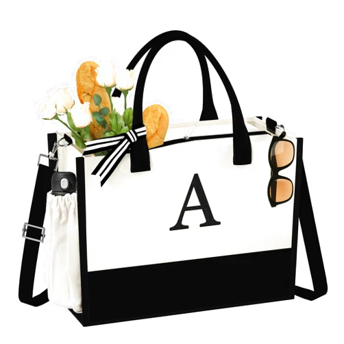 QLOVEA Initial Canvas Beach Tote Bag with Zipper Pockets Birthday Gifts for Women, Personalized Monogrammed Strap, Reusable Grocery Bags - Wedding Bride Bridemaids Friend Letter A