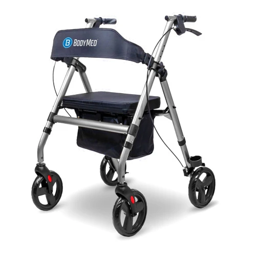 BodyMed Rollator with 8 in. Wheels - Adjustable Padded Seat, Dual Brake System, Compact Folding Design, Suitable for Most Terrains - Mobility Aid for Recovery and Daily Living