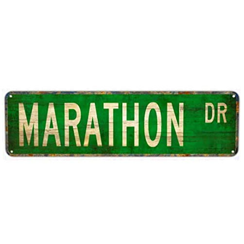 IUEJTGIE New Tin Sign MARATHON DR Funny metal Signs Vintage Sign Retro Tin Signs Aluminum Metal Sign for Bedroom Kitchen Garden Wall Bab Club Coffee Hanging Sign Home Decor 4×16Inch