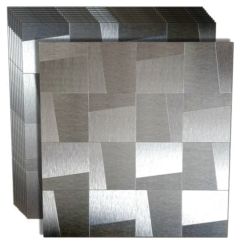 XUANINY 10-Sheet Peel and Stick Metal Backsplash Tiles, Self Adhesive Brushed Aluminum Subway 3D Wall Sticker for Kitchen Bathroom (10, Light Black Brushed)