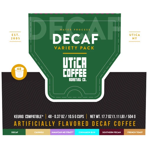 Utica Coffee Roasting Co. Decaf Variety Pack Flavored Single Serve Coffee Pods | Decaffeinated Coffee For K-Cup Compatible Brewers | 48 Count, 2.0 Compatible Pods