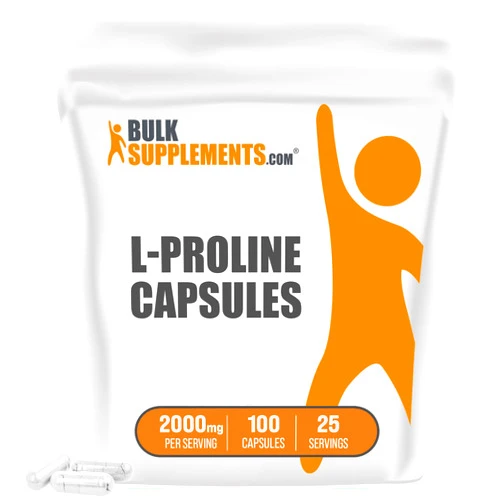 BulkSupplements.com L-Proline Capsules - Amino Acid for Bone, Joints and Skin Supoort - Unflavored, Gluten Free - 2000mg (4 Capsules) per Serving - 25-Day Supply (100 Capsules)