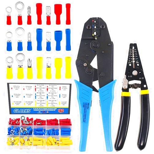 Glarks Professional Self-Adjustable Ratchet Wire Crimping Pliers AWG 22-10 and a Wire Stripper Tool Set with 183Pcs Insulated Butt Bullet Spade Ring Crimp Terminals Connectors Assortment Kit