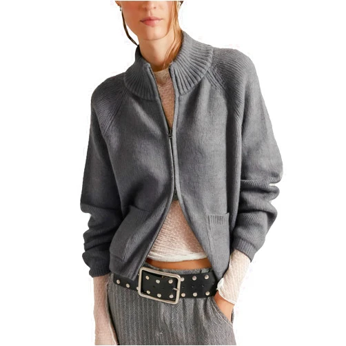 Gnveub Zip Up Sweaters for Women Long Sleeve Chunky Knit Sweater Jackets Cropped Cardigans Outerwear Coats with Pockets