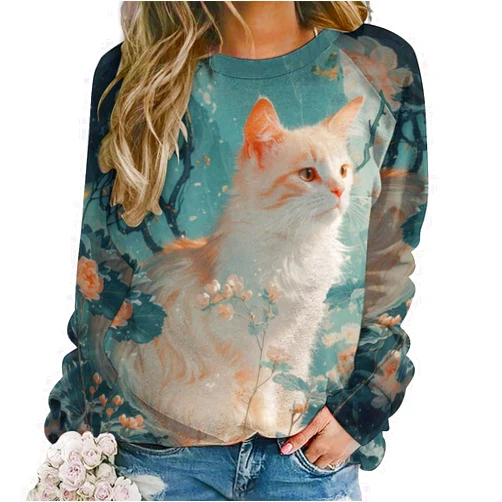 DMOYALA Cat Sweatshirts for Women Cute Cat Sweater Graphic Crewneck Sweatshirts Oversized Novelty Funny Sweatshirts Sweater