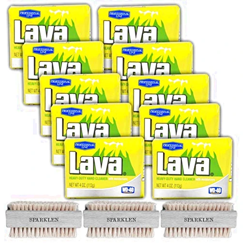 Lava Soap Bar Bulk Kit: (10 Pack) Hand Pumice Cleaner Exfoliating Commercial Scrub + (3 Pack) Wooden Nail Brush Scrubber for Cleaning, Compatible with Lava.