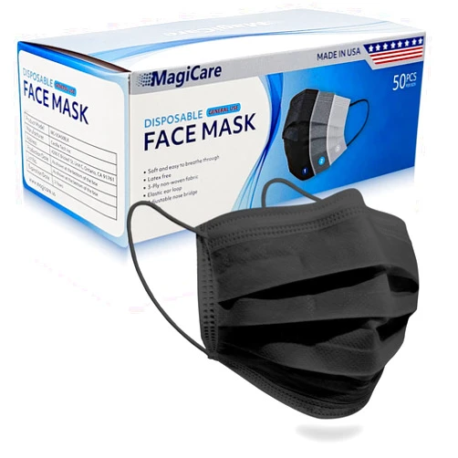 MagiCare USA Black Face Masks Disposable - 3 Ply, Comfortable, Soft, Breathable - Lightweight Black Masks for Adults (50/Box)