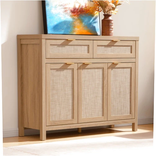 SICOTAS Rattan Sideboard Buffet Cabinet with Storage, Boho Credenza Accent Cabinet with 3 Doors and 2 Drawers, Farmhouse Console Coffee Bar for Kitchen, Living Room, and Entryway, Light Oak