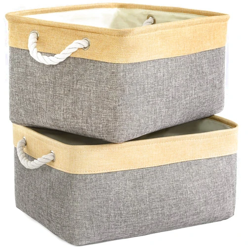 TheWarmHome Storage Basket for Organizing - 3 Pack 14x10x7 inch Large Collapsible Storage Bin for Shelves, Fabric Storage Cubes for Organizer ClosetCloth Gift Toy (Grey & Gold)