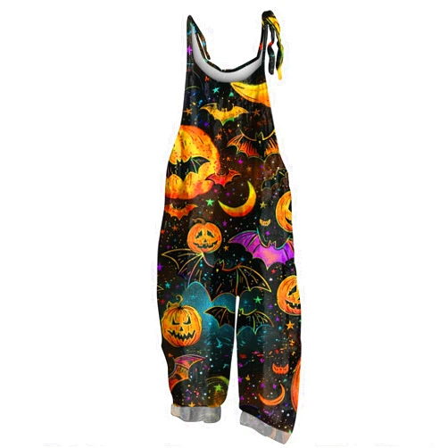 GAANBODI Womens Halloween Costumes 2024 Linen Overalls for Women Halloween Bat Pumpkin Printed Jumpsuits Rompers Overalls