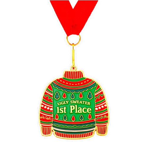 Haull Christmas Ugly Sweater Medal Award 1st Place Medals for Ugliest Sweater Contest Ugly Sweater Trophy Ugly Sweater Prizes with Neck Ribbon for Xmas Party Christmas Tree Ornament, 2.36 x 2.36 Inches