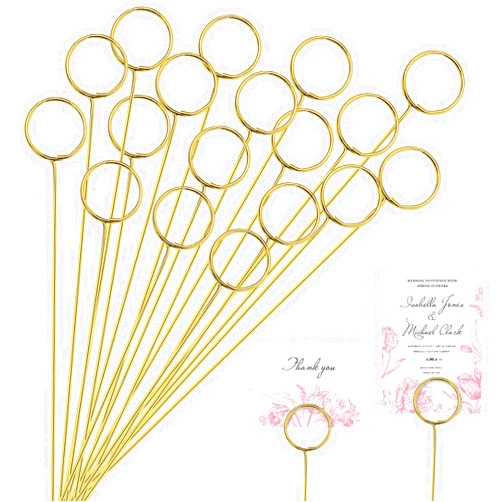 Binxus 60 Pcs Metal Wire Floral Place Card Holder Gold Floral Card Holder Clip, 12 Inch Round Floral Picks Clip, for Wedding & Flower Arrangements, DIY Craft (Round)