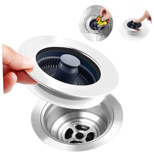 Hibbent 3 in 1 Kitchen Sink Drain Strainer, Stainless Steel Wrapped Shell Drain Stopper Combo, Pop Up Sink Stopper, Anti-Clogging Basket Strainer with Handle for US Standard 3-1/2